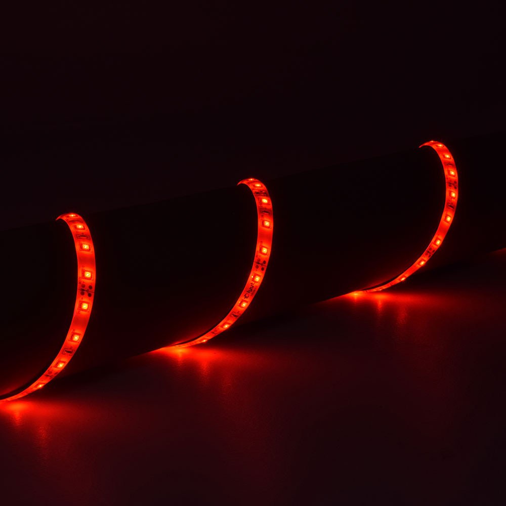 LYYT 12V Red LED Strip Light illuminated in saturated red, wrapped around a cylindrical surface to show the flexible IP65 tape lit along its length.