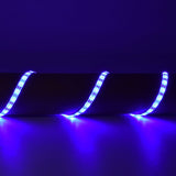 AVSL LYYT 12V LED strip light in blue, shown as a flexible 5m tape draped in curves and illuminated across a dark surface.