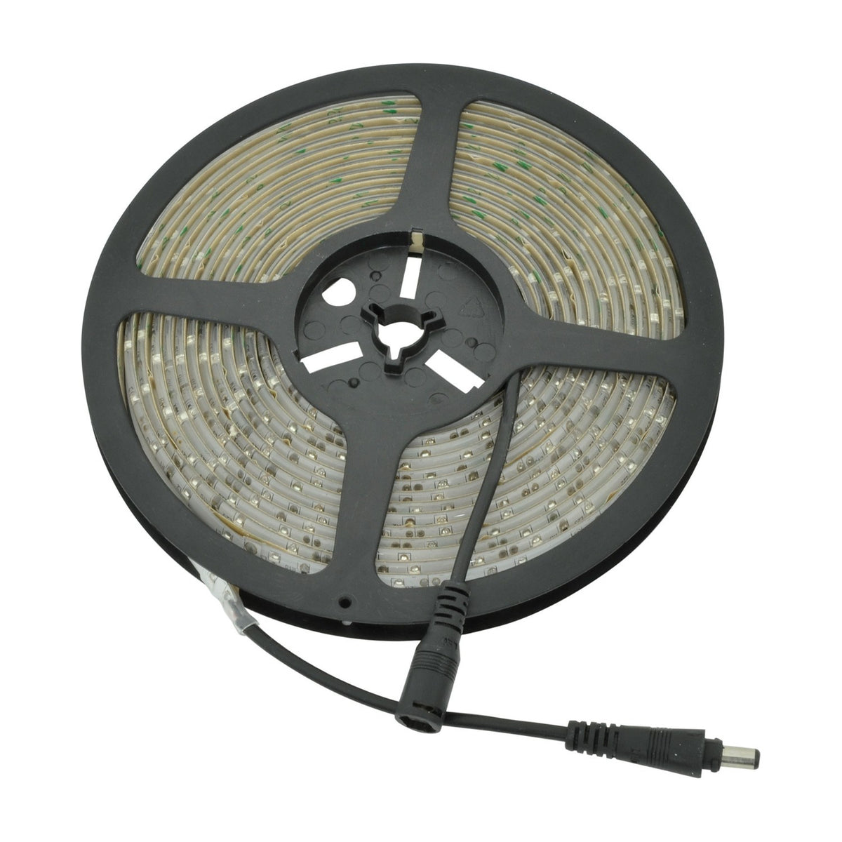 LYYT 12V LED strip light 5m reel in blue by AVSL, flexible IP65 LED tape coiled on a black plastic spool with DC connector lead, on white background.