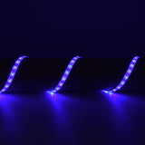 AVSL LYYT 12V LED strip light shown in three illuminated sections emitting vivid blue light against a dark surface, part of the 5m flexible LED tape reel.