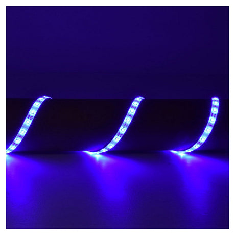 A close-up image features the LYYT 12V LED Strip Light 5m - Blue, celebrated for its energy efficiency and IP65 rating, arranged in a wavy pattern against a dark background. The vibrant blue illumination bathes the surroundings in light, producing a vivid and striking visual effect.