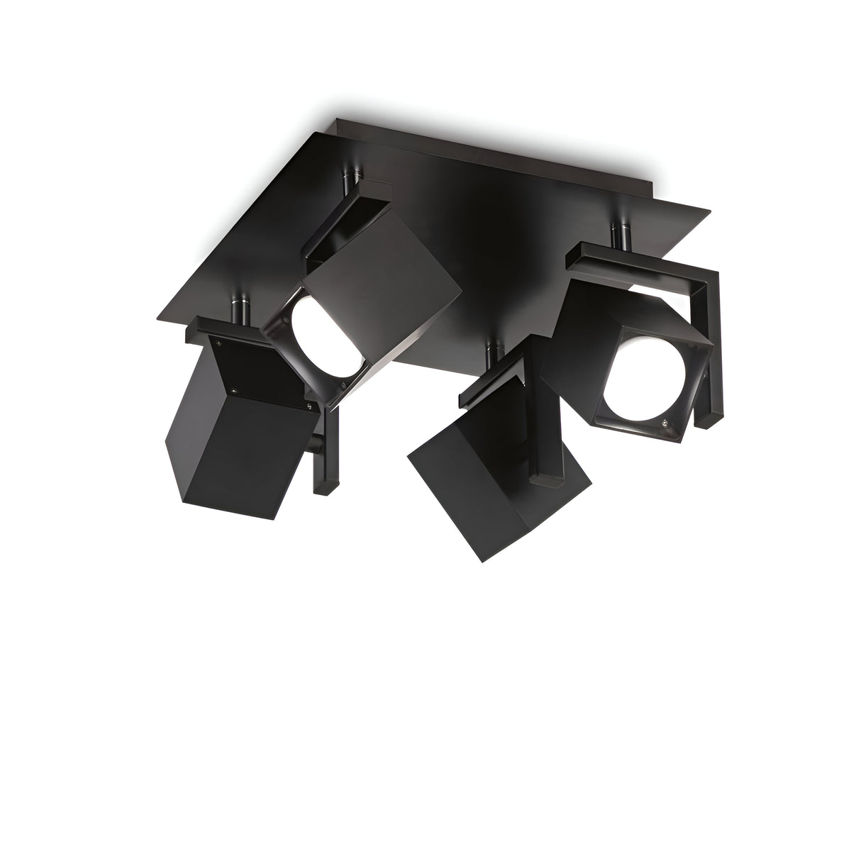 Introducing the Glimmara Quad Spotlight - Black, a contemporary ceiling fixture designed with three adjustable rectangular spotlights mounted on a square base. Its sleek black design features adjustable diffusers, making it perfect for accent lighting in various modern interior settings.