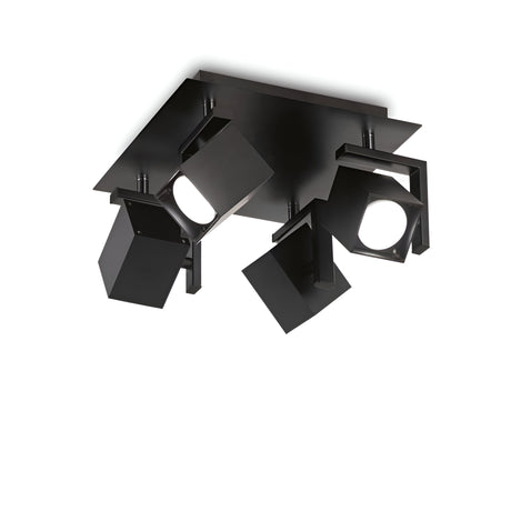 Introducing the Glimmara Quad Spotlight - Black, a contemporary ceiling fixture designed with three adjustable rectangular spotlights mounted on a square base. Its sleek black design features adjustable diffusers, making it perfect for accent lighting in various modern interior settings.