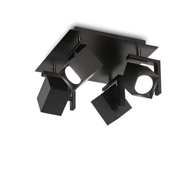Introducing the Glimmara Quad Spotlight - Black, a contemporary ceiling fixture designed with three adjustable rectangular spotlights mounted on a square base. Its sleek black design features adjustable diffusers, making it perfect for accent lighting in various modern interior settings.