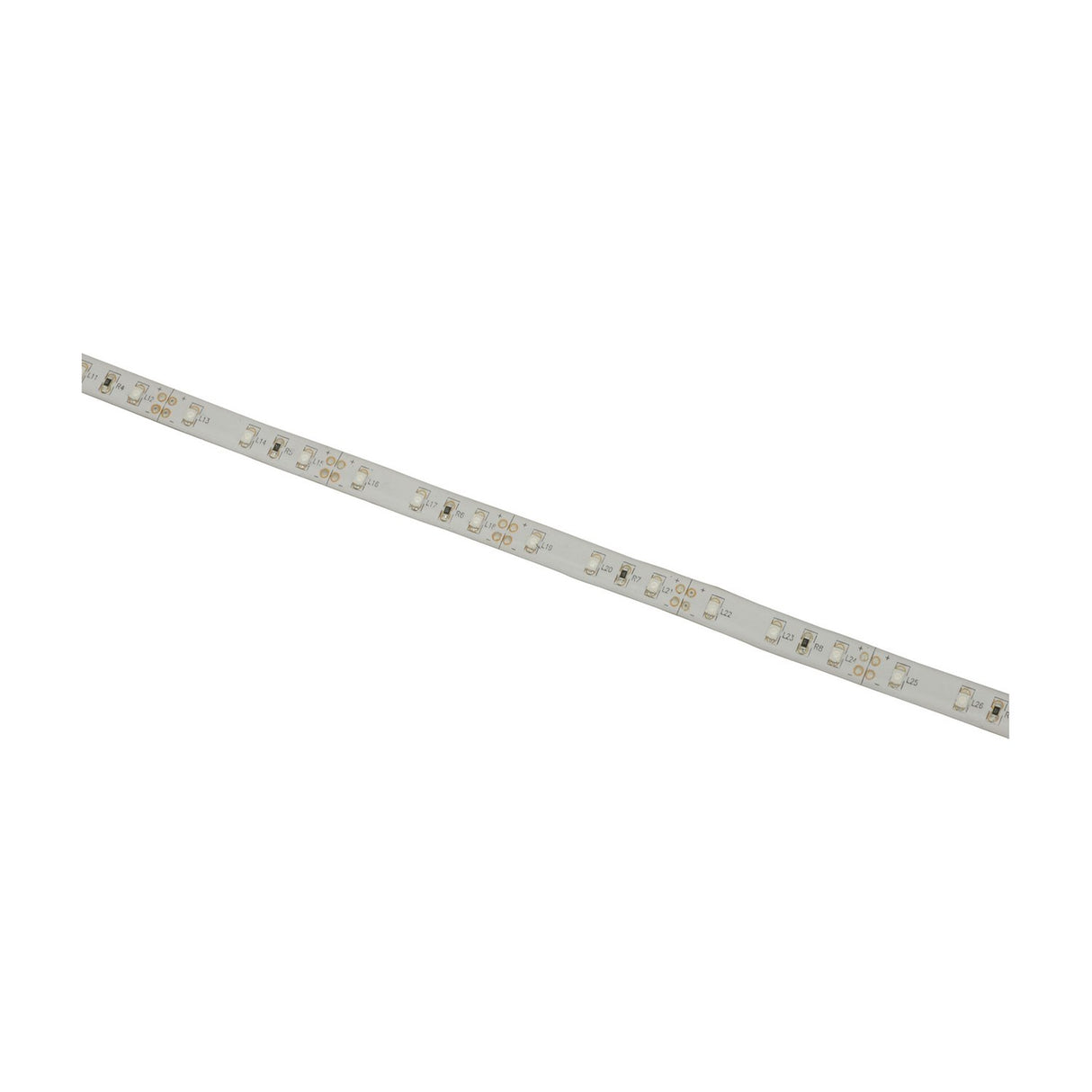 LYYT 12V amber LED strip light shown as a flexible IP65 tape section with evenly spaced SMD LEDs on white backing, on a plain background.