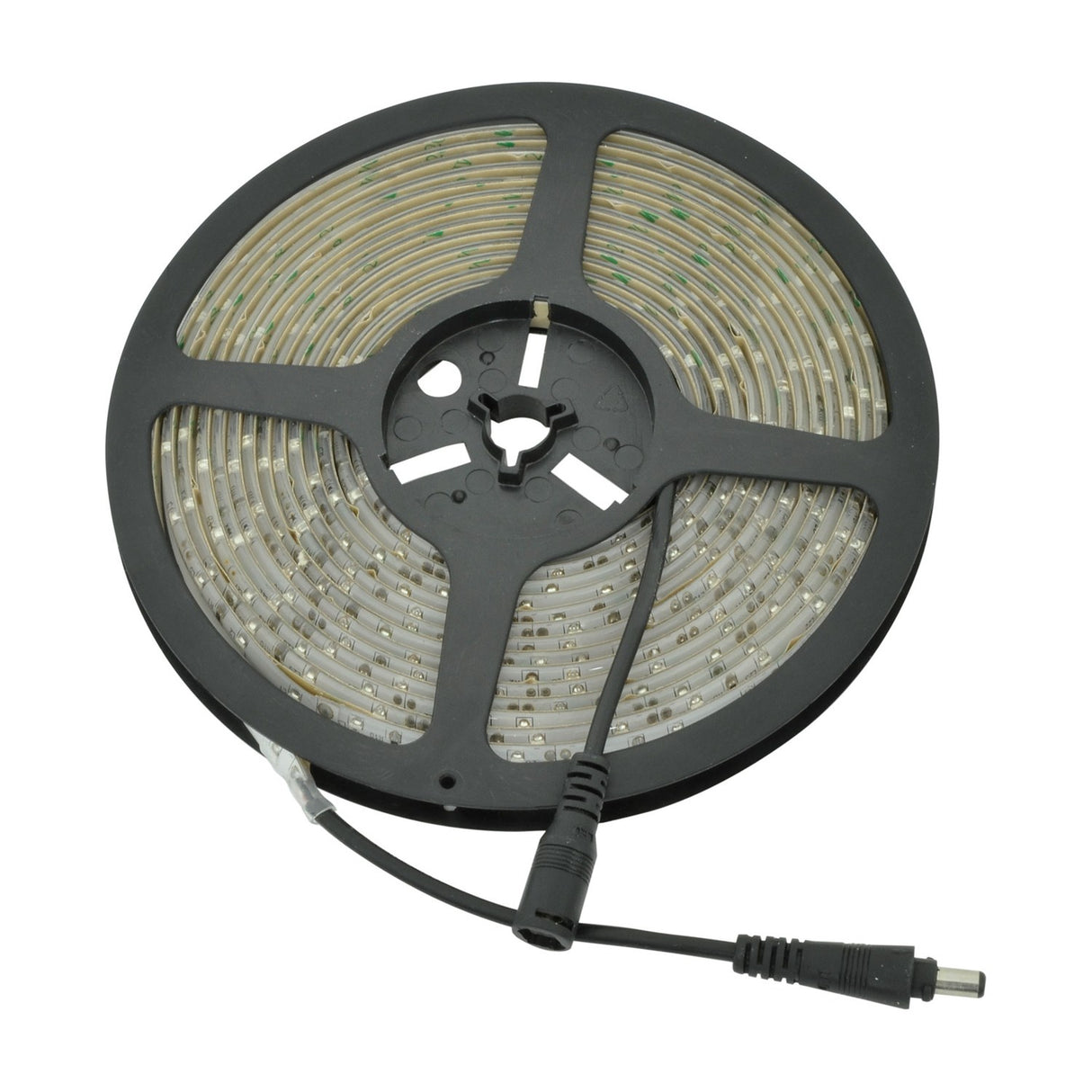 LYYT 12V amber LED strip light on a black plastic reel with attached DC connector lead, shown on a plain white background.