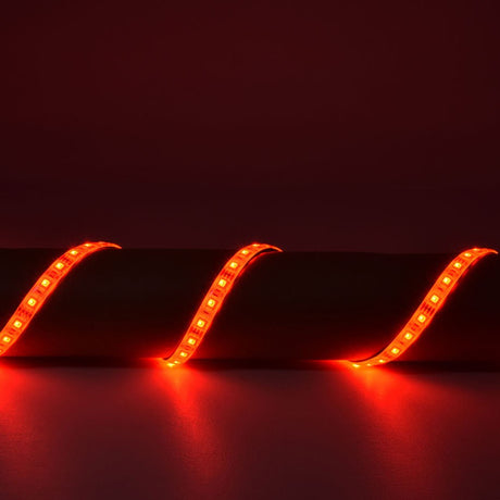 AVSL LYYT 12V RGB LED strip light draped in a wave over a cylindrical surface, glowing red across three visible loops against a dark background.