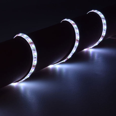 LYYT 12V RGB LED strip light by AVSL wrapped around a dark cylindrical surface, emitting bright white illumination from the IP65 flexible tape.