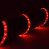 AVSL LYYT 12V RGB LED strip light coiled in loops and glowing red against a dark background, showing the flexible IP65 tape with visible LEDs.