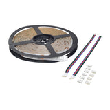 LYYT 12V RGB LED strip light 5m reel by AVSL with IP65 coating, shown with two 4-pin connector leads and pin connector accessories on a white background.
