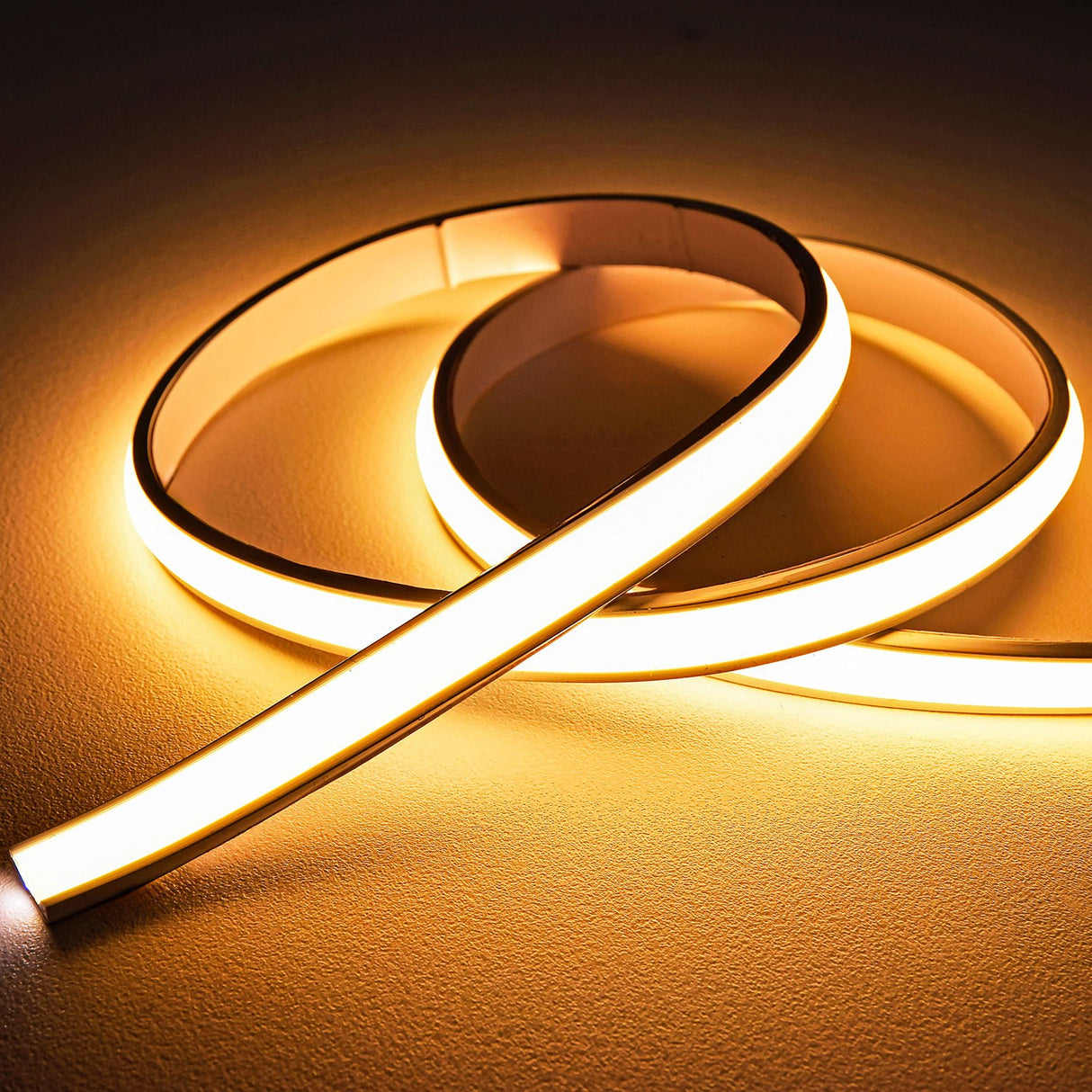 LYYT frosted warm white COB LED tape coiled and illuminated, showing the domed silicone extrusion casting an even 2700K glow across a neutral surface.