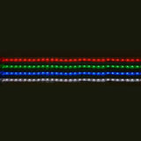 Four horizontal rows of the LYYT 24V RGB LED Strip Light illuminate the dark background. The strips, colored red, green, blue, and white from top to bottom, are IP65 rated for durability. Each strip features evenly spaced small rectangular light units that elegantly glow with a 24Vdc supply and includes 60 LEDs per meter.