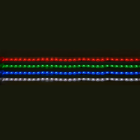 Four horizontal rows of the LYYT 24V RGB LED Strip Light illuminate the dark background. The strips, colored red, green, blue, and white from top to bottom, are IP65 rated for durability. Each strip features evenly spaced small rectangular light units that elegantly glow with a 24Vdc supply and includes 60 LEDs per meter.
