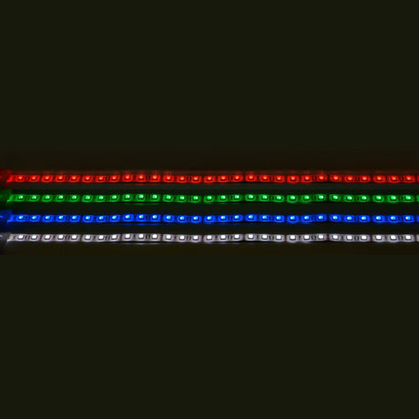 The LYYT 24V RGB LED Strip Light 5m—featuring 60 LEDs per meter—shines brilliantly in red, green, blue, and white against a black background. IP65 rated for durability, its perfect for vivid color displays.