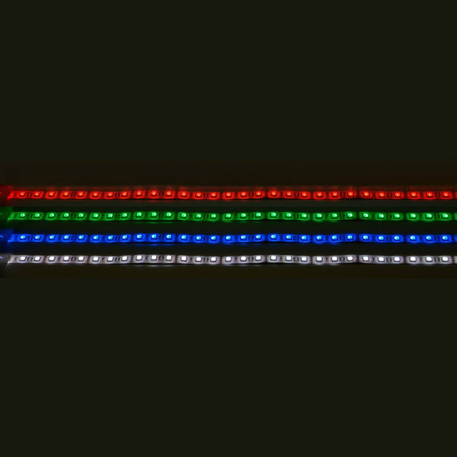 The LYYT 24V RGB LED Strip Light 5m—featuring 60 LEDs per meter—shines brilliantly in red, green, blue, and white against a black background. IP65 rated for durability, its perfect for vivid color displays.
