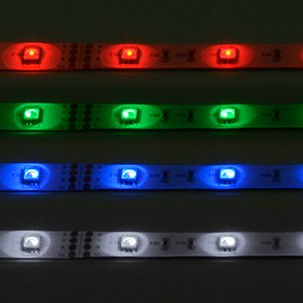 AVSL LYYT 24V RGB LED strip lights shown lit in red, green, blue and white across four 5m IP65 tape sections on a dark background.