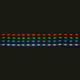 A photo showcasing the LYYT 24V RGB LED Strip Light 5m - 30 LED/m, featuring four rows of brightly lit segments against a black backdrop. The first row glows red, followed by green, blue, and white—demonstrating its energy efficiency and vivid illumination.