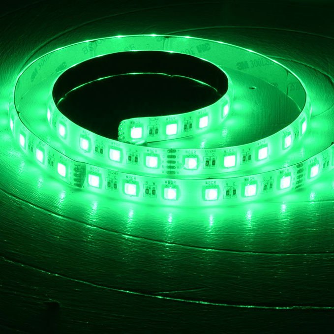 LYYT 24V RGBW LED Strip Light by AVSL, 5m coiled reel with 60 LEDs per metre illuminated in green, IP65 silicone-coated tape with 3M adhesive backing.