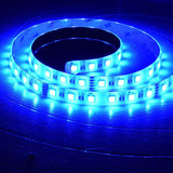 LYYT 24V RGBW LED strip light coiled on a wooden surface, illuminated in bright blue across the 5m reel with visible SMD LEDs and 3M adhesive backing.
