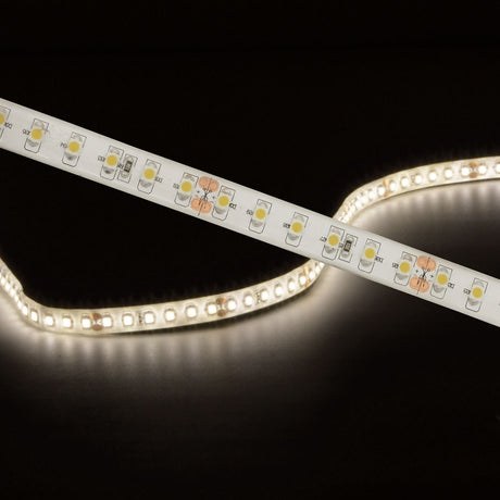 LYYT LT245120-NW natural white IP65 LED strip by AVSL, shown illuminated and coiled with visible SMD LEDs and cut marks against a black background.