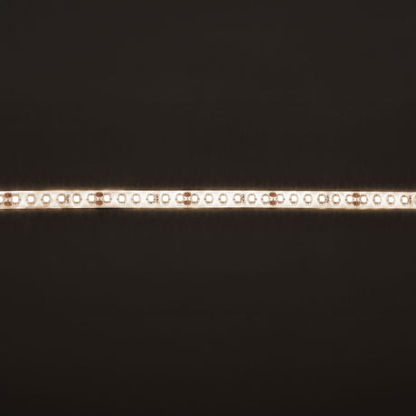 LYYT LT245120-NW LED strip tape illuminated in natural white, showing densely spaced LEDs along the silicone-coated IP65 strip against a dark background.