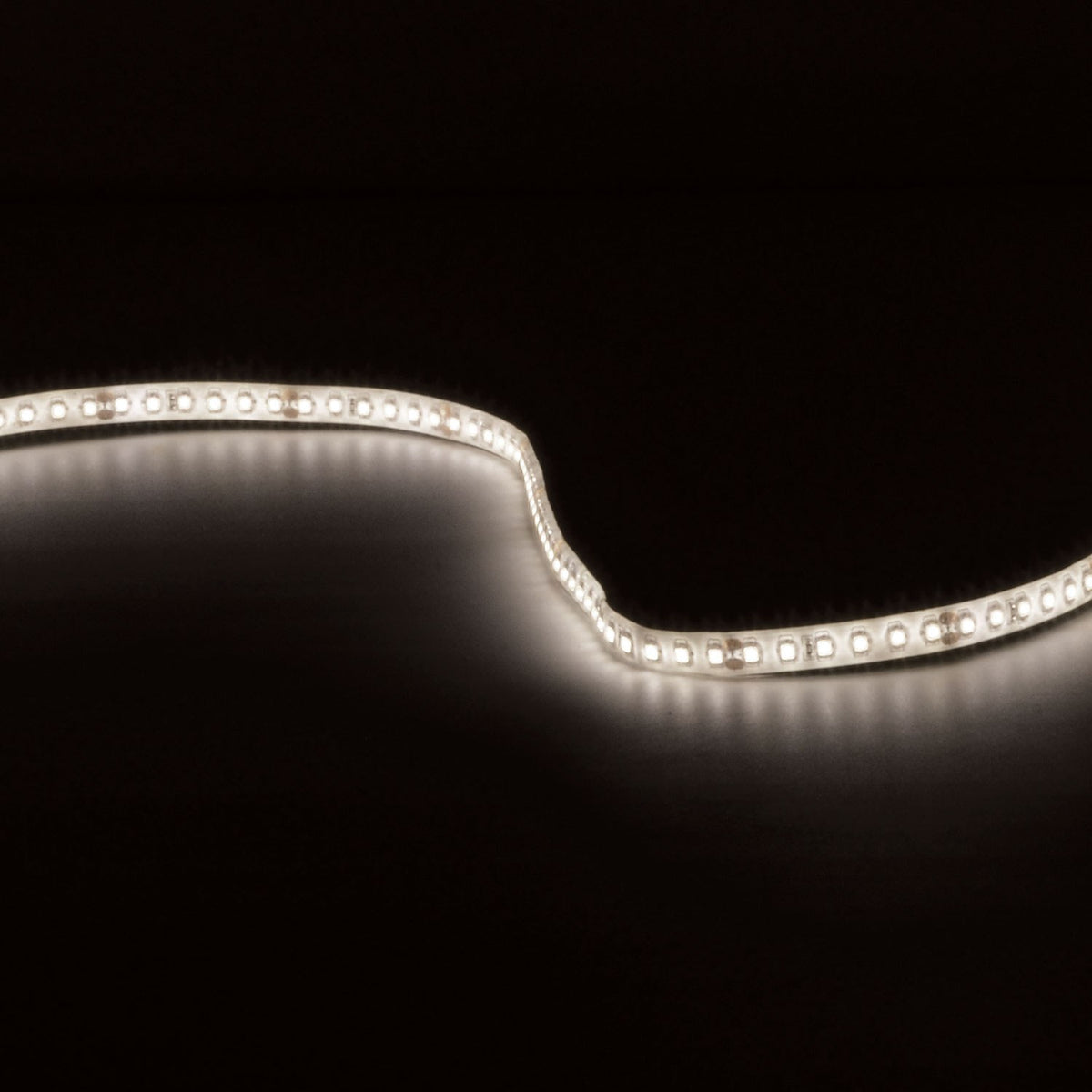 LYYT natural white IP65 LED strip illuminated in a curved S-shape against a black background, showing densely spaced SMD LEDs on silicone tape.