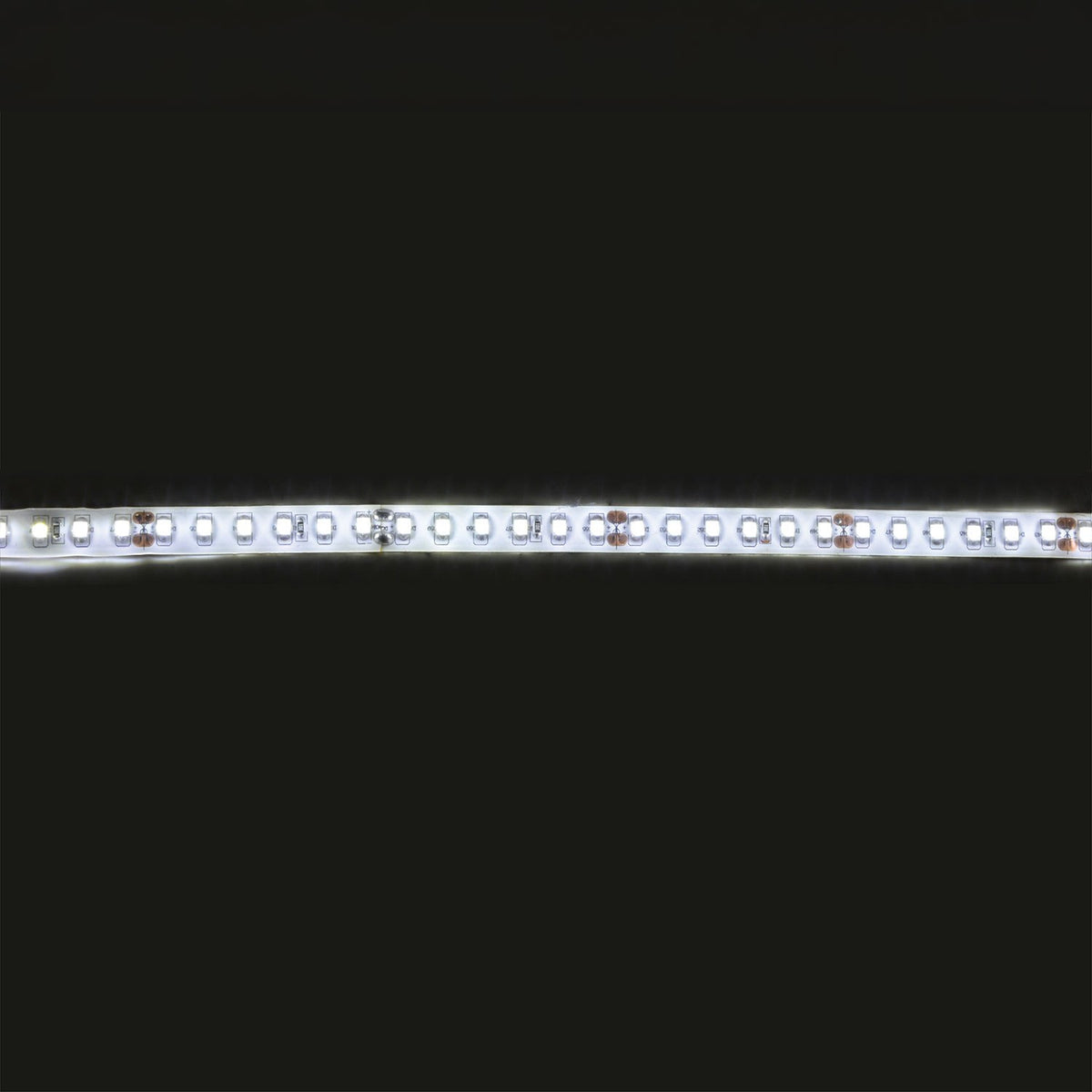 LYYT 24V LED strip light illuminated in cool white 6000K, showing densely spaced SMD LEDs along the IP65 epoxy-coated tape against a black background.