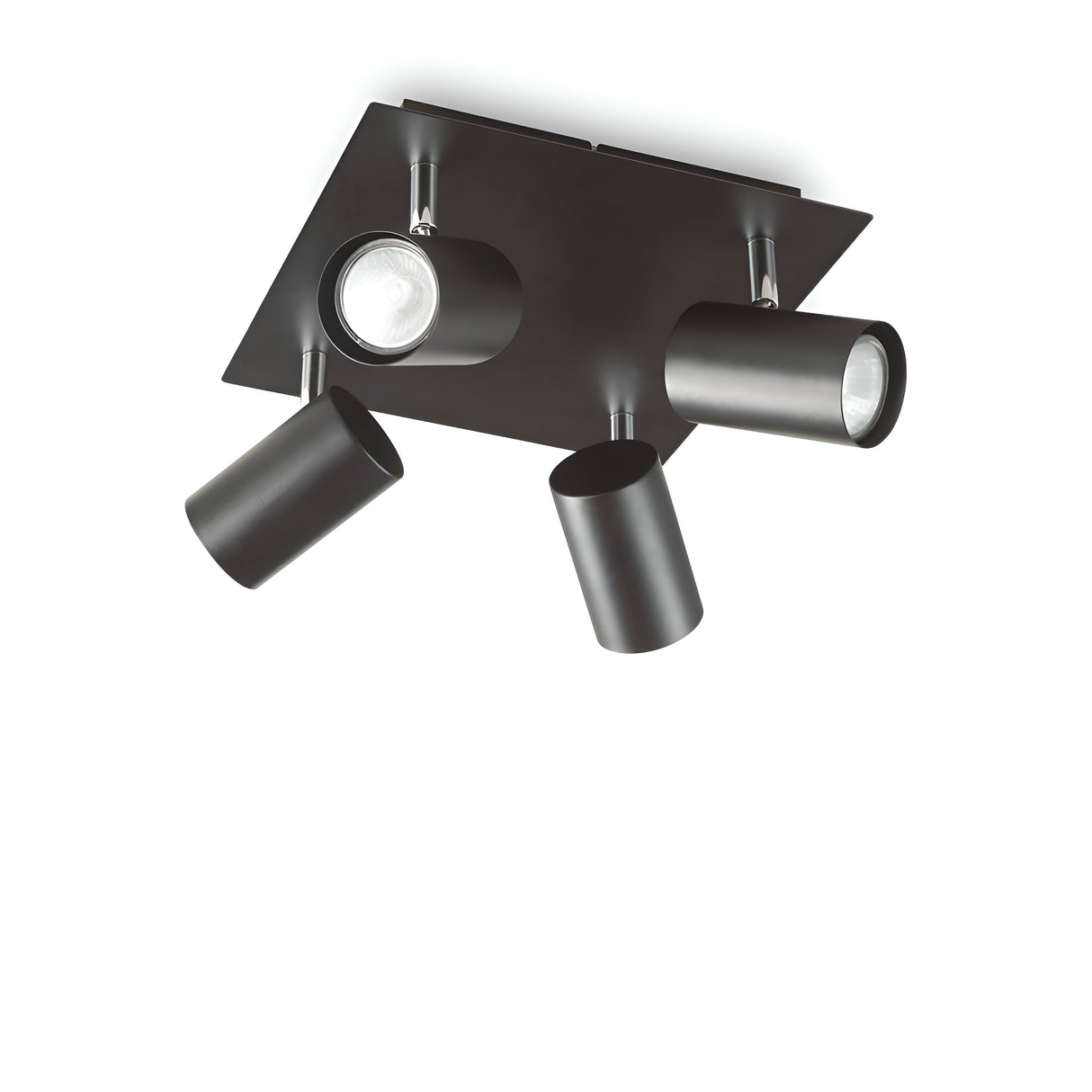The Radiatrix Quad Spotlight - Black is a modern ceiling-mounted lighting fixture that boasts adjustable spotlights with four cylindrical lights on a square base in a matte black finish.