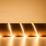 LYYT 24V High Output LED strip light coiled and illuminated in warm white 3000K against a softly lit neutral background.