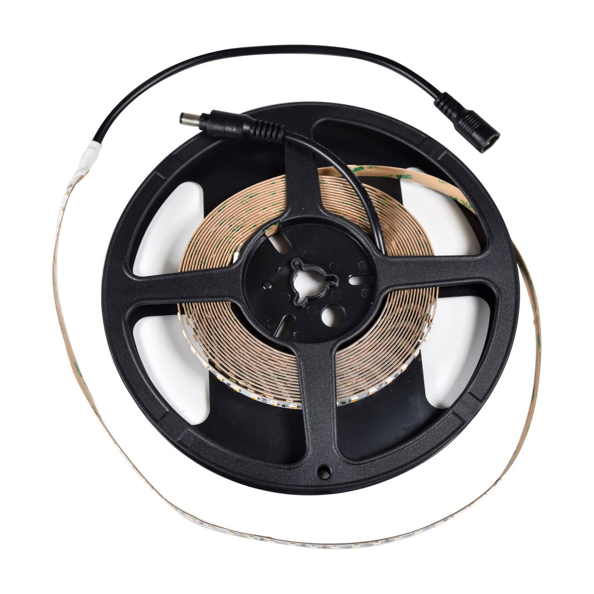 LYYT 24V High Output LED Strip Light in 3000K warm white on a 5m black reel with pre-fitted 2.1mm DC plug and socket connectors.