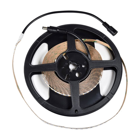 LYYT 24V High Output LED Strip Light in 3000K warm white on a 5m black reel with pre-fitted 2.1mm DC plug and socket connectors.