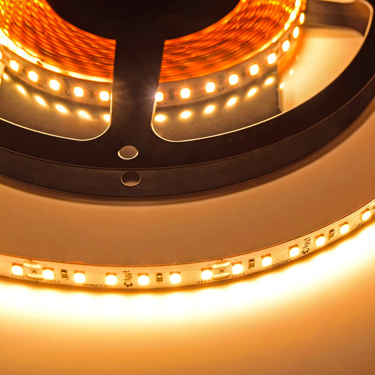 LYYT 24V LED strip light reel by AVSL, illuminated in warm white 3000K, showing coiled tape with visible SMD LEDs and cut-point markings.