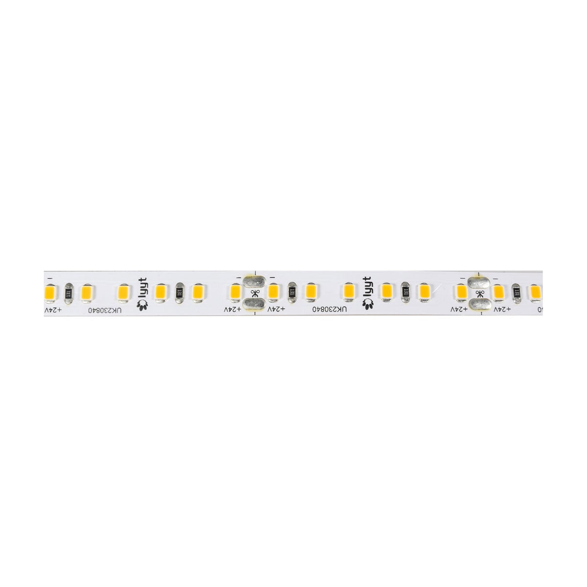 LYYT 24V high output LED strip light in warm white 3000K, showing SMD LEDs, cut marks, and copper solder pads along the white flexible tape.