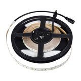 LYYT 24V high output LED strip light on a 5m black reel with cool white 6000K tape partially unwound, fitted DC connectors, on a white background.