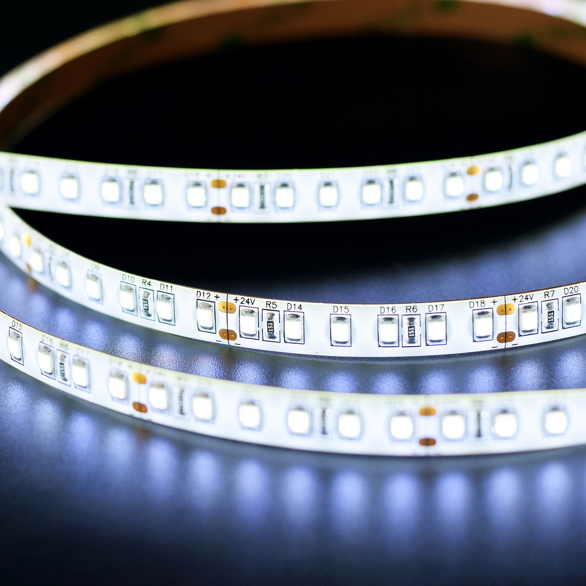 LYYT 24V high output LED strip light by AVSL, illuminated 5m reel with 2835 SMD LEDs on flexible white tape emitting 6000K cool white light.