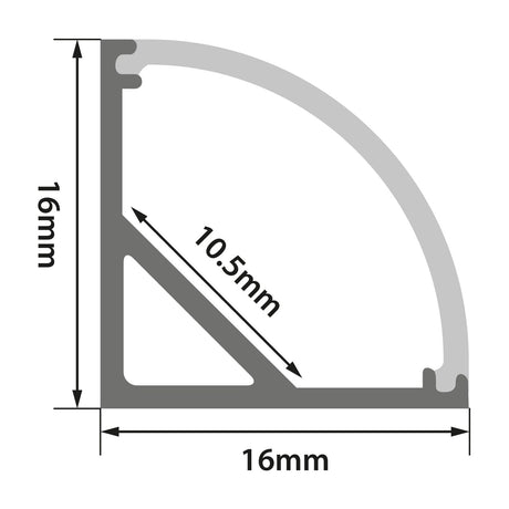 Technical dimension diagram of the LYYT 90° Arc Corner LED Profile showing 16x16mm cross-section and 10.5mm internal channel on a white background.
