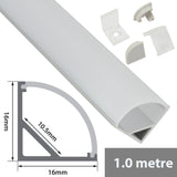 LYYT 90° arc corner LED profile by AVSL with frosted diffuser, end caps and mounting clips, shown with 16x16mm cross-section diagram, 1 metre length.