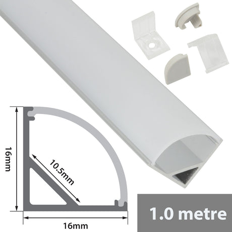 LYYT 90° arc corner LED profile by AVSL with frosted diffuser, end caps and mounting clips, shown with 16x16mm cross-section diagram, 1 metre length.
