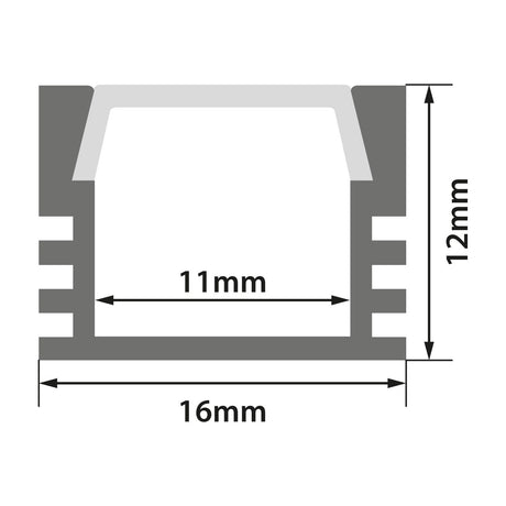 Technical cross-section diagram of the LYYT Deep Section Surface Mount LED Profile showing 16mm width, 12mm height and 11mm internal diffuser cavity.