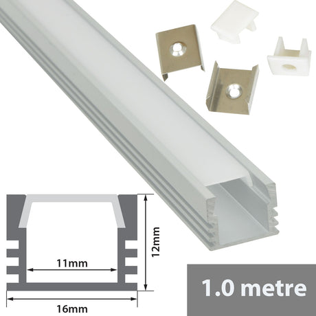 LYYT 1m deep-section surface mount LED profile in silver aluminium with frosted diffuser, end caps and mounting clips, shown with 16x12mm cross-section diagram.
