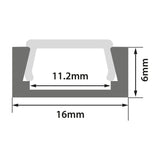 Cross-section diagram of the LYYT shallow surface mount LED profile showing 16mm width, 6mm depth, and 11.2mm internal channel on white.