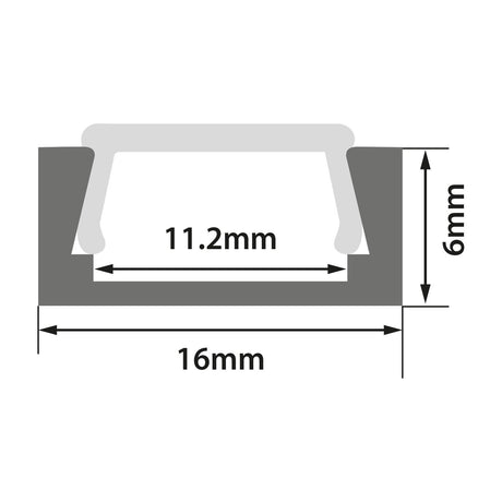 Cross-section diagram of the LYYT shallow surface mount LED profile showing 16mm width, 6mm depth, and 11.2mm internal channel on white.