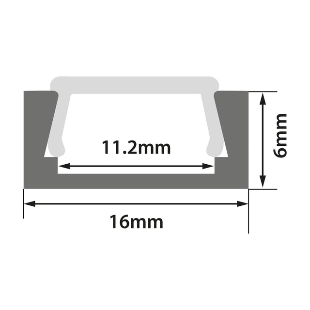 Cross-section diagram of the LYYT shallow surface mount LED profile showing 16mm width, 6mm depth, and 11.2mm internal channel on white.