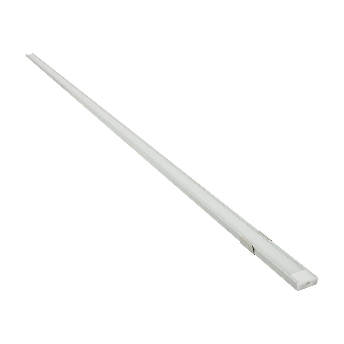 LYYT shallow section 1m surface-mount LED profile in aluminium with snap-fit white diffuser and end cap, shown diagonally on a plain white background.