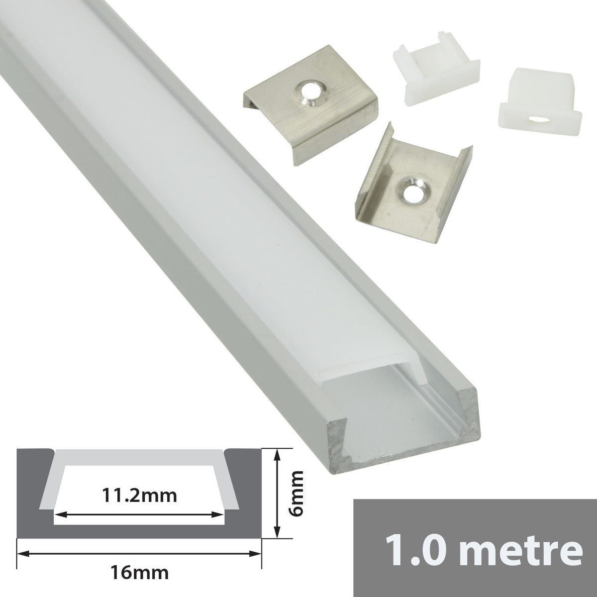 LYYT shallow section 1m aluminium LED profile with snap-fit diffuser, end caps and mounting clips, shown with 16 x 6mm cross-section diagram.