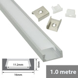 LYYT shallow section 1m aluminium LED profile with snap-fit diffuser, end caps and mounting clips, shown with 16 x 6mm cross-section diagram.