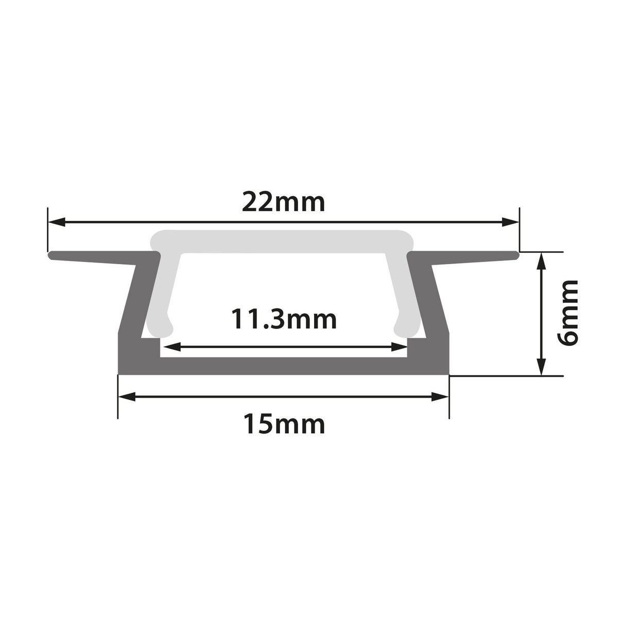 Technical cross-section diagram of the LYYT Recessed LED Strip Profile showing 22mm width, 6mm depth, 15mm base and 11.3mm internal channel dimensions.