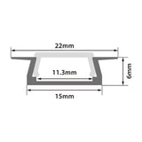 Technical cross-section diagram of the LYYT Recessed LED Strip Profile showing 22mm width, 6mm depth, 15mm base and 11.3mm internal channel dimensions.