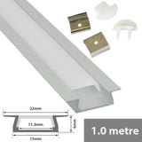 LYYT 1m recessed aluminium LED strip profile with diffuser, mounting clips and white end caps, shown with 22mm x 6mm cross-section diagram on white.