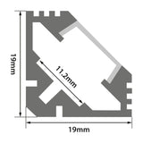 Technical cross-section diagram of the LYYT 45° Angle Surface Mount LED Corner Profile showing 19x19mm external dimensions and 11.2mm internal diffuser channel.